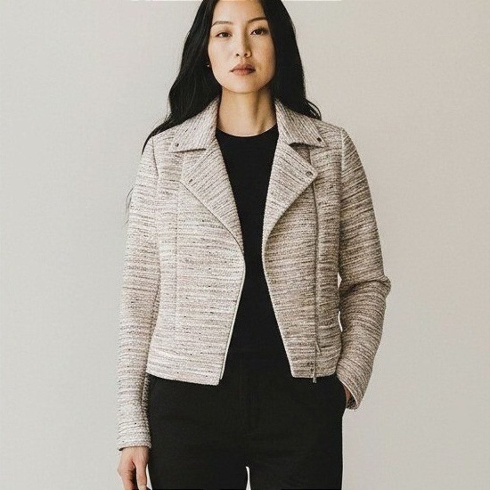 J.Crew Womens Multi Color Tweed Asymmetrical Zip Moto Jacket‎ Size 4 Cream Pink